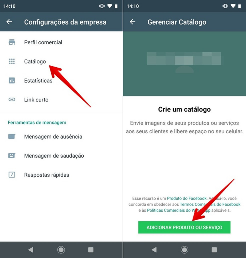 Segundos passos de como gerenciar catálogo no WhatsApp